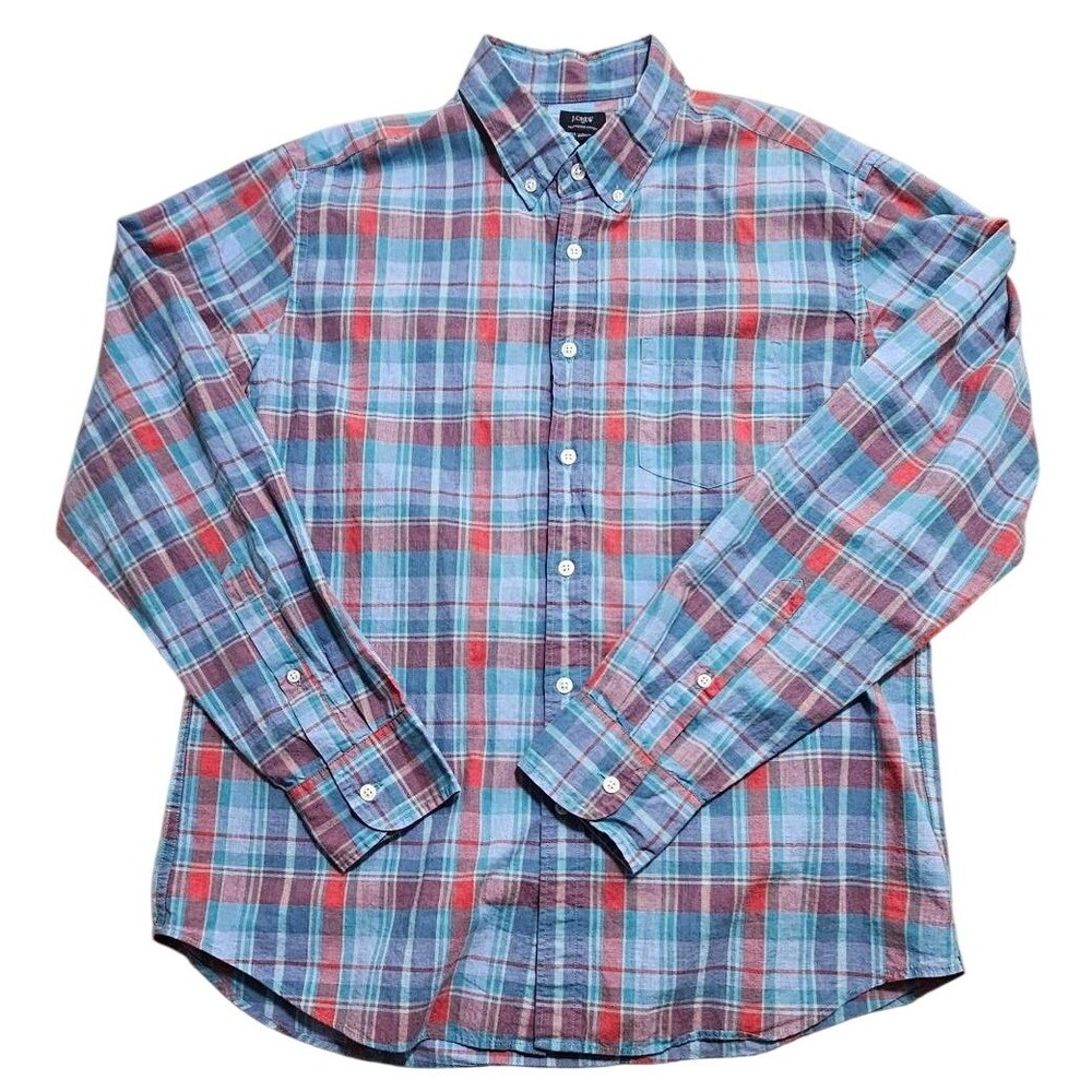 J Crew Mens Heathered Cotton Plaid Button Down Shirt‎ Blue Red Large 47166 HO 17